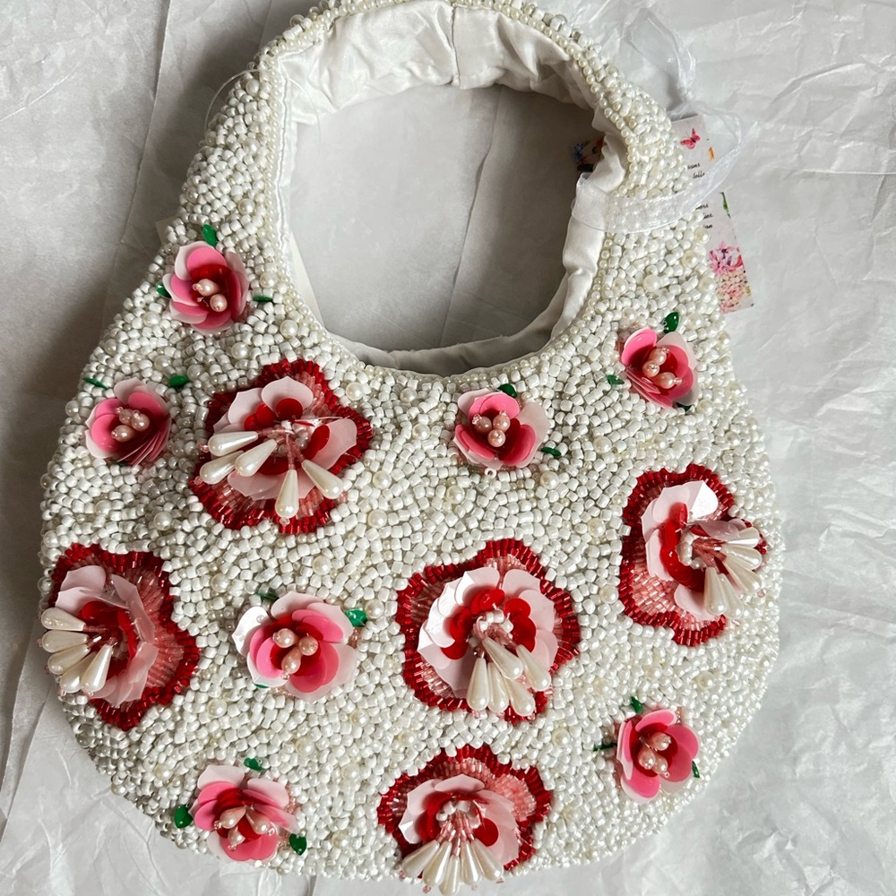 White Beaded Floral Handbag with Pink & Red Accents